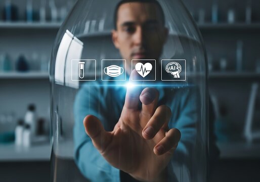 Scientist touches digital icons for health, brain, and mask in lab