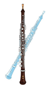 Detailed illustration of a dark brown wooden double reed woodwind musical instrument with many silver keys and a faint blue outline of a similar instrument showing its form