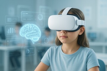 Young girl with VR Headset in virtual learning : A focused young girl wearing a VR headset, immerses herself in virtual learning environment, surrounded by holographic data.