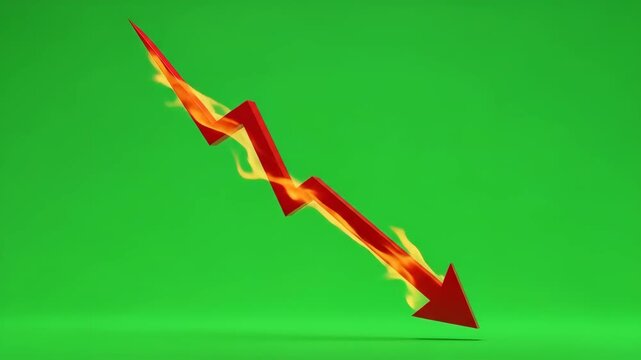 Downward Trend with Flames - This video features a red downward arrow, which is stylized with flames, set against a vibrant green background.