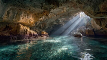 Naklejka premium Sunlight streams into a serene cave, illuminating tranquil waters and rugged rock formations.