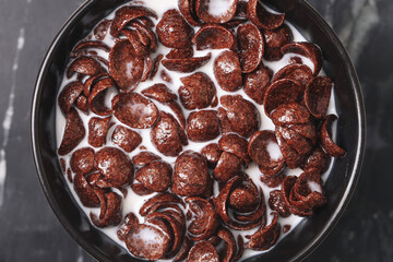 Chocolate cereal with milk in bowl closeup. Top view of crunchy cocoa cornflakes breakfast. Sweet...