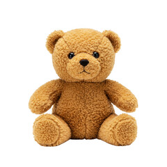 Cute brown teddy bear sitting upright, isolated on transparent background