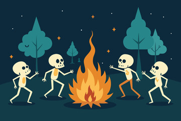  skeletons dancing around a bonfire at night in a forest with stars in the sky, a joyful and spooky illustration vector illustration