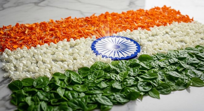 Indian flag floral arrangement with marigold, jasmine, leaves, and a glowing Ashoka Chakra.