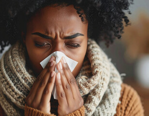  Sick Woman Blowing Nose wearing Mask ill