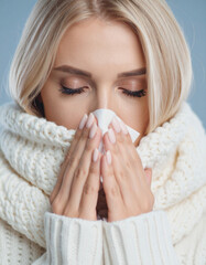  Sick Woman Blowing Nose wearing Mask ill