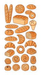 A collection of delicious baked goods including baguettes croissants and sweet pastries presented on a white background