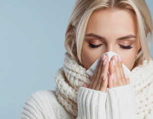  Sick Woman Blowing Nose wearing Mask ill