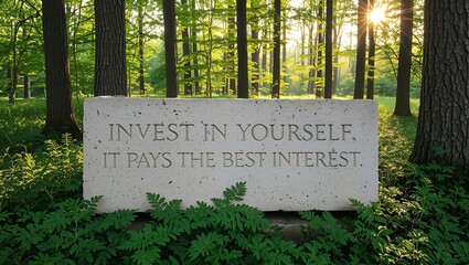 Inspiring stone monument in sunlit forest with motivational quote about self-investment