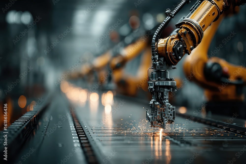 Poster robotic arms working in an advanced automated factory environment
