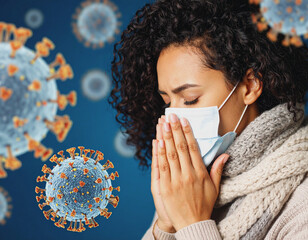  Sick Woman Blowing Nose wearing Mask ill