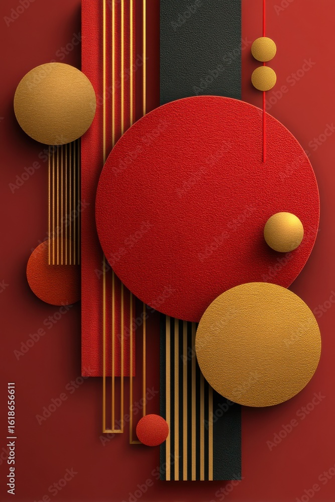 Poster abstract geometric composition with red and yellow textured shapes on red background