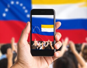 A person holds a smartphone displaying the flag of El Salvador, amidst a crowd cheering.