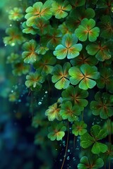 Obraz premium Beautiful vibrant green clovers with dew reflecting a serene natural atmosphere