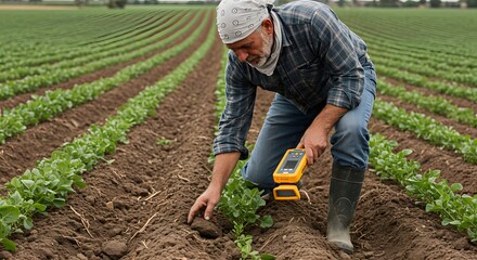 A farmer inspects a potato crop in a field, using a handheld device for analysis and assessment.