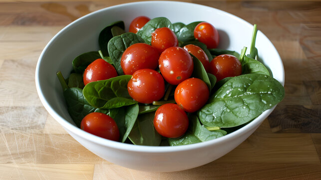 A white bowl filled with fresh spinach leaves and bright red cherry tomatoes on a wooden surface .