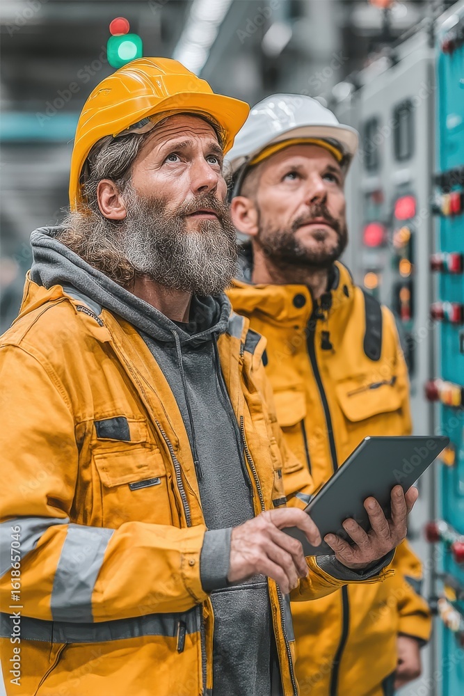 Poster two engineers in high-visibility gear analyzing systems in an industrial setting