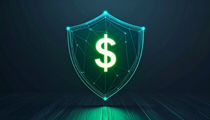 Futuristic concept of financial security and digital asset protection. A glowing green dollar sign enclosed in a holographic plexus shield.