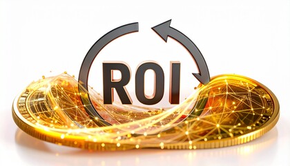 Conceptual 3D illustration of ROI, Return on Investment. Golden digital currency coins with a circular arrow symbolizing profit and financial growth.