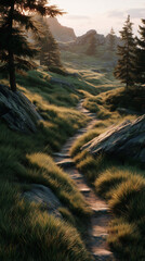 Scenic hiking trail path mountain region nature landscape evening light