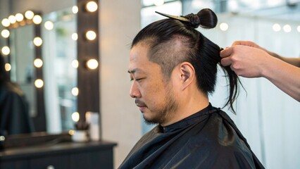 Close up of Asian Man with Samurai Topknot Hairstyle at Salon during Grooming Session