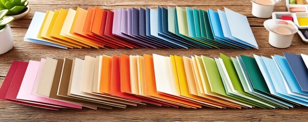 Fototapeta premium Colorful folded paper cards arranged in gradient order on wooden surface