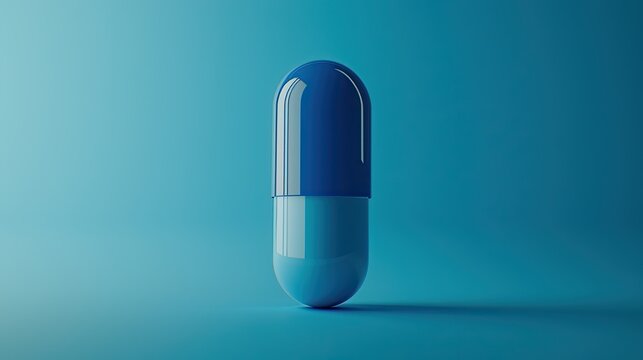 Blue background with a medical capsule and DNA, high-resolution, professional photograph, sharp focus, depth of field, highly detailed, hyperrealistic,