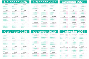 Vector calendar design 2026, 2027,2028,2029,2030, 2031 year. Calendar set template design for 2026, 2027,2028,2029,2030 and 2031 year. Monthly calendar year and week start on Monday. Editable font