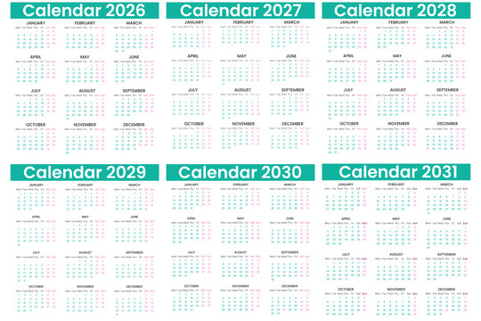 Vector calendar design 2026, 2027,2028,2029,2030, 2031 year. Calendar set template design for 2026, 2027,2028,2029,2030 and 2031 year. Monthly calendar year and week start on Monday. Editable font