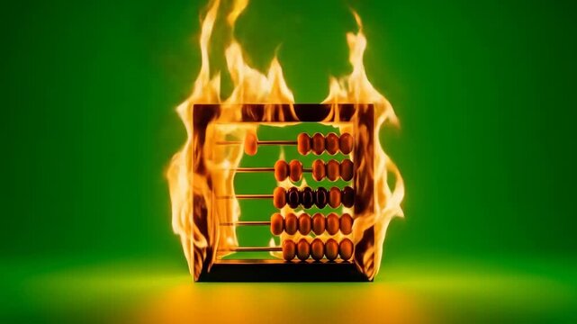 Flaming Abacus on Green Background - An artistic representation of an abacus engulfed in flames, set against a vibrant green backdrop.