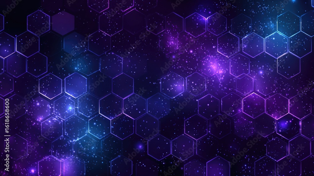 Aufkleber cosmic hexagon grid a vibrant nebula backdrop features a grid of glowing, translucent hexagons in sh