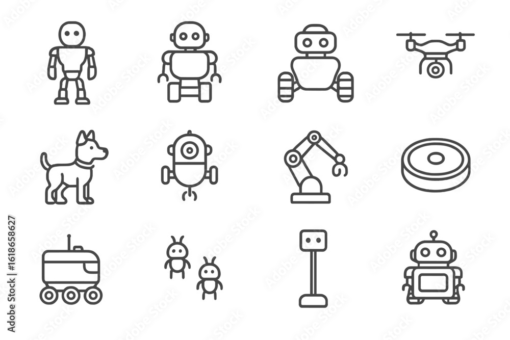Poster outline icons of various robots and gadgets on a dark background