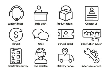 Customer service icons: support, help desk, refund, satisfaction survey