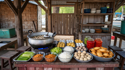 Traditional Indonesian warung with a big pot of bakso and ingredients around