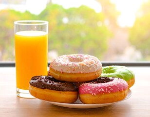 Colorful donuts and orange juice by a window