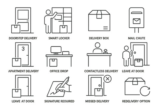 Icon set illustrating various parcel delivery methods and options