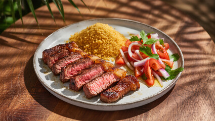 Savory grilled steak served with vibrant salad and fluffy couscous