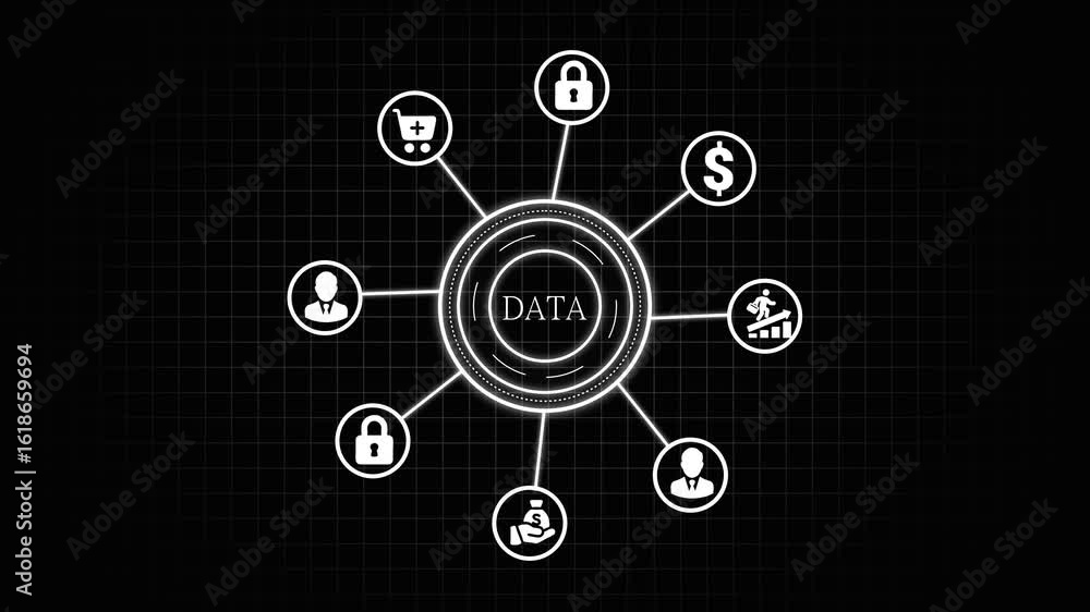 Aufkleber animated data visualization with financial icons and security symbols on a black background