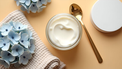 Skincare Elegance: Cream jar with flowers & spoon, highlighting gentle beauty and serene self-care ritual.