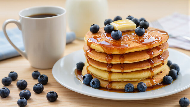 Blueberry pancakes with syrup for breakfast delight