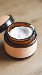 Close-up of open jar of cream on wooden surface, showcasing  beauty product's smooth texture, eco-friendly packaging. Ideal for promoting natural skincare, self-care routines, wellness-related themes