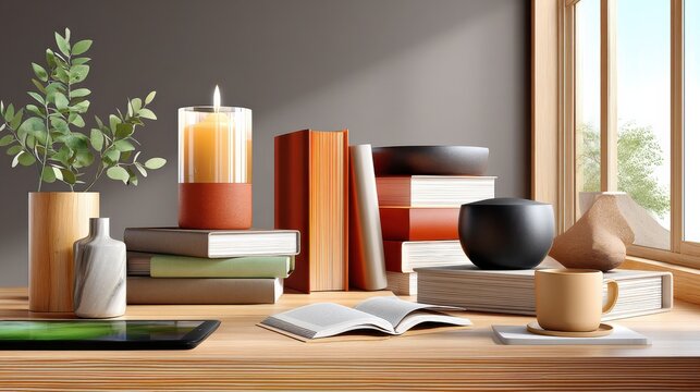 Cozy study desk setup with books, candle, and natural lighting