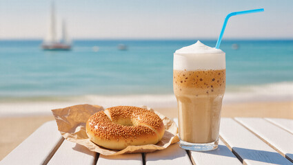 Enjoying a seaside breakfast with coffee and bagel at the beach