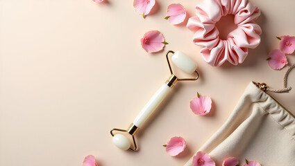 Elegant facial roller and accessories with flower petals, creating a serene beauty scene.