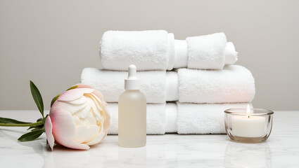 Spa ambiance with towels, candle, facial serum, and peony create relaxation and beauty.