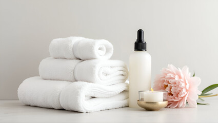 Relaxing spa ambiance with soft towels, aromatic candle, skin serum and fresh flower arrangement.