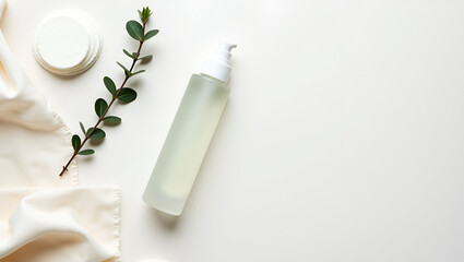 Minimalist skincare setting with cleanser, pads, eucalyptus on a white surface for a fresh and clean aesthetic