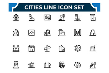 City life line icon set. nature, park, city, field, city defence: watchtower,hotel, train - vehicle, public park icons.Editable stroke. Vector illustration.
