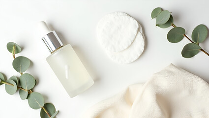 Minimalist skincare setup with serum bottle, cotton pads, foliage, and cloth on a clean white background.
